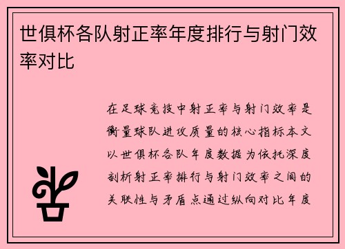世俱杯各队射正率年度排行与射门效率对比
