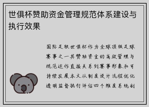 世俱杯赞助资金管理规范体系建设与执行效果