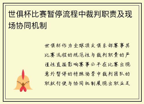 世俱杯比赛暂停流程中裁判职责及现场协同机制