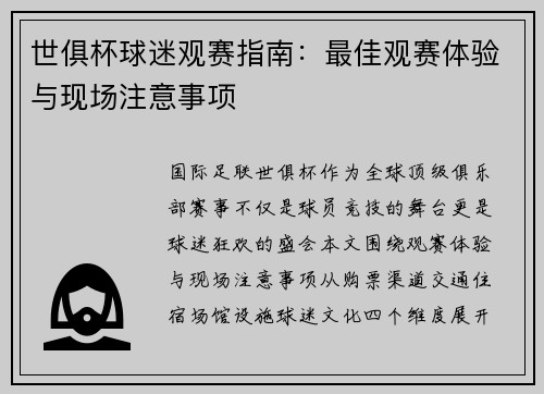 世俱杯球迷观赛指南：最佳观赛体验与现场注意事项